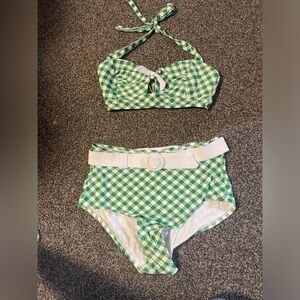 Unique Vintage Green Gingham Bikini Set, size M/L